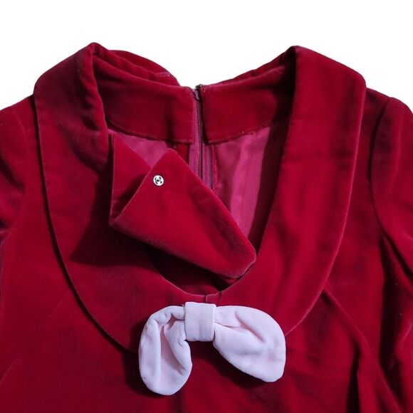Red Velvet Scoop Neck Holiday Party Dress Retro Style Handmade Frock Girl SZ L - Picture 3 of 5